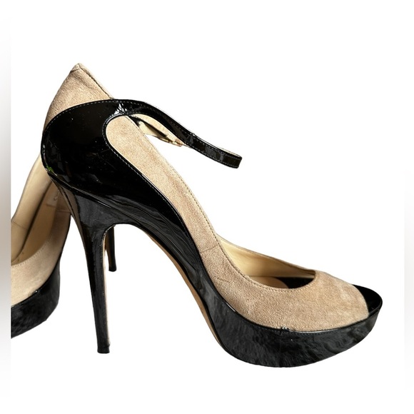 Jimmy Choo Black Patent Leather & Tan Suede Mary Jane Peep-toe Stilettos 🔥 - Picture 5 of 14